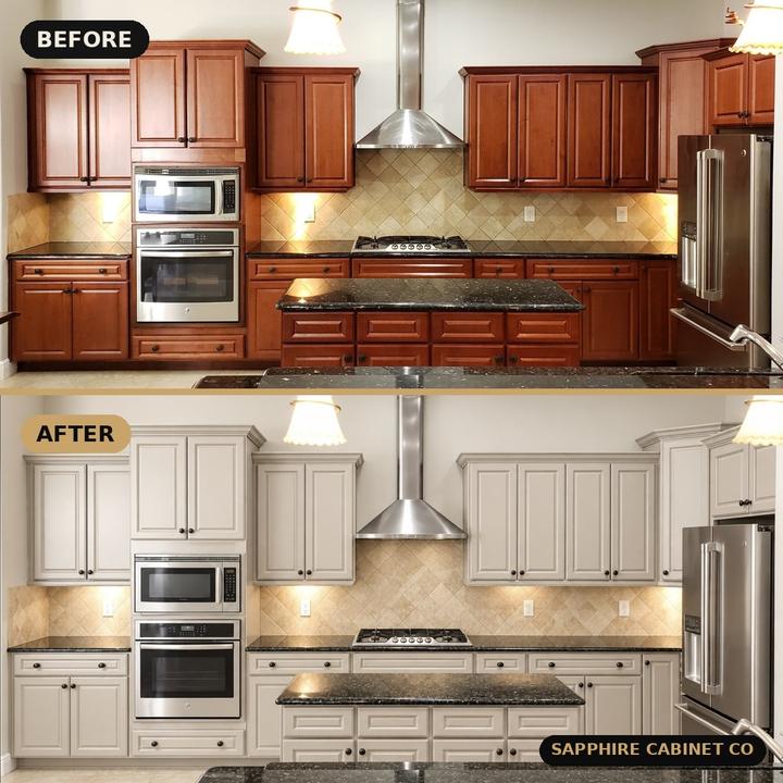 Before and after: cherry cabinets refinished in greige