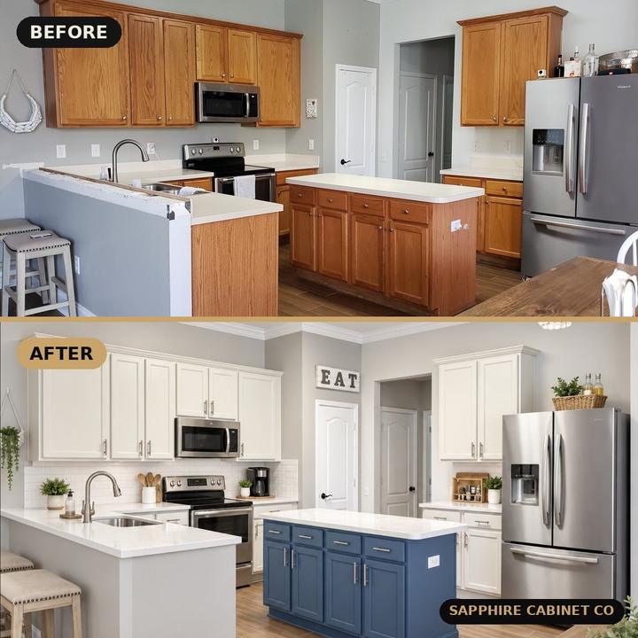 Before and after: oak cabinets painted white with a navy blue island